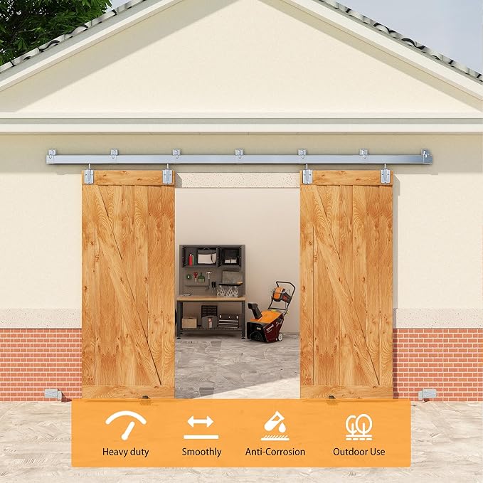 10FT Box Rail Exterior Barn Door Hardware Kit for 2 Doors, Sliding Heavy Duty Barn Door Track, Wall Mount Barn Door Hardware with 7 Track Brackets,Silver(Doors NOT Include)