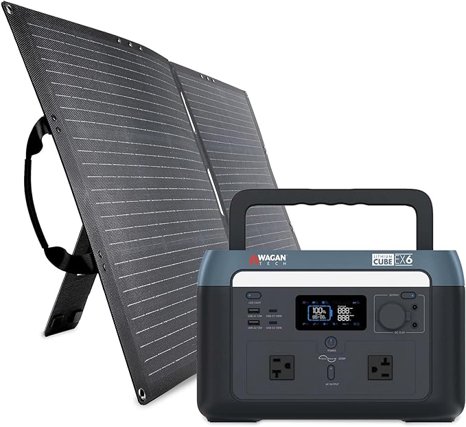 Wagan EL8838 Portable Power Station 600W Lithium Cube With 100W Foldable Solar Panel Solar Generator 512Wh LiFePO4 Battery Fast Charge for Home Backup, Power Outages, Outdoor Camping, Off-grid