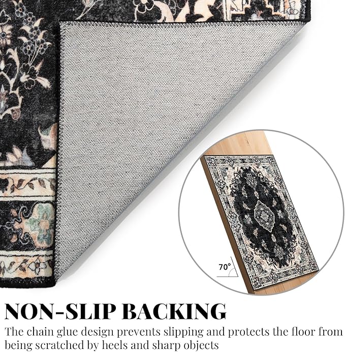 MUJOO 9’x12’ Area Rug Large Rugs for Living Room Bedroom Dining Room,Boho Washable Non Slip Bohemian Vintage Distressed Farmhouse Non Slip Big Carpet,Black Floral Flowers