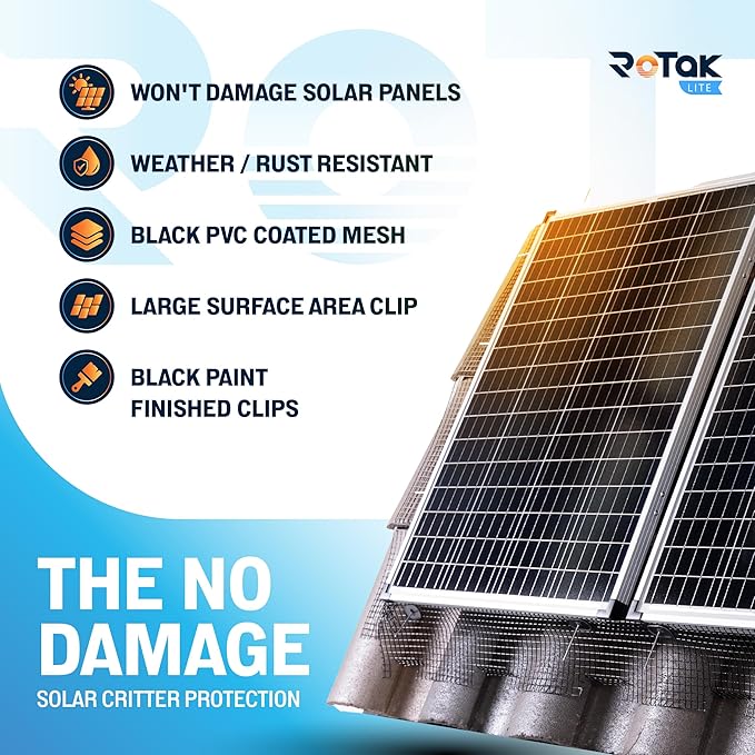 ROTAK Critter Guard - 6in x 100ft Solar Panel Bird Prevention Roll Kit with Fastener Clips - Galvanized Black PVC Coated ½ inch Wire Roll Mesh (6" x 100' with 60 Fastener Clips)