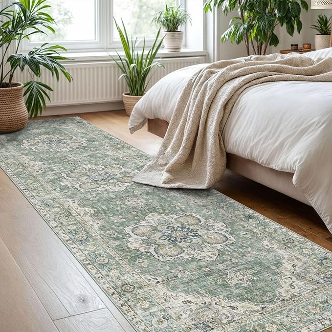 Runner Rugs for Hallway 2.5x10ft - Long Non-Slip Sage Green Washable Boho Runner Rug Low Pile Soft Vintage Farmhouse Oriental Medallion Carpet for Kitchen Living Room Indoor Entryway Bedroom