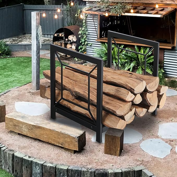 GREEN PARTY Firewood Rack Heavy Duty Large Firewood Holder, Indoor/Outdoor Log Rack Wood Holder for Fireplace, Kindling Wood Storage and Stove Accessories(Black) (Square Pattern)
