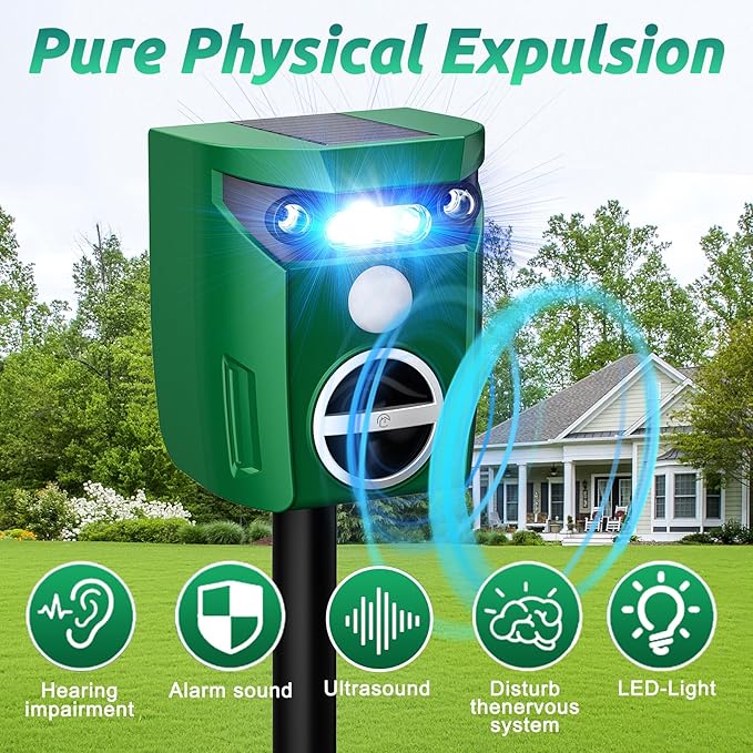 2 Pack Solar-Powered Ultrasonic Animal Repellent Outdoor, Deer Repellent Devices with Motion Sensor, Waterproof Deer, Cat, Raccoon, Coyote, Rabbit Deterrent for Yard, Garden, Farm