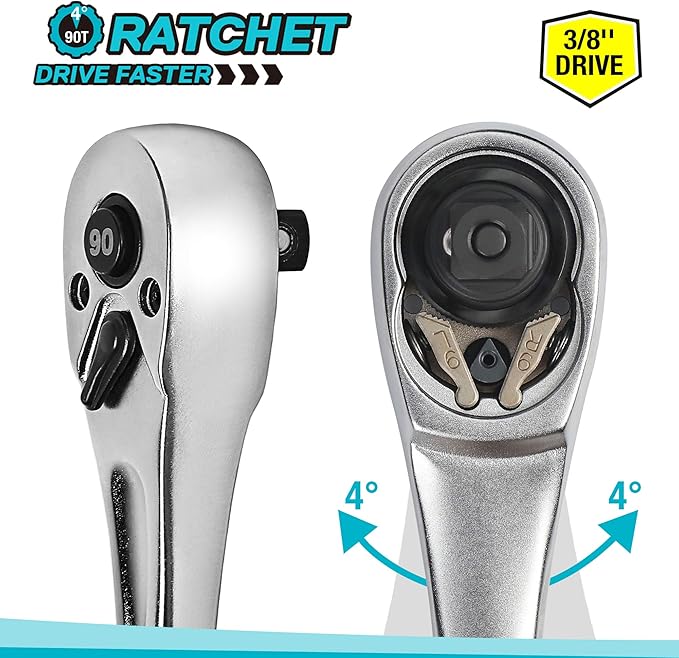 DURATECH 3/8 Inch Drive Ratchet Handle, Ratchet Socket Wrench, 90 Tooth, 8-3/8 Inch Length, Heavy Duty, Professional Ratchets, Quick-release Reversible, Premium Chrome Alloy Made, Polish Chrome Finish