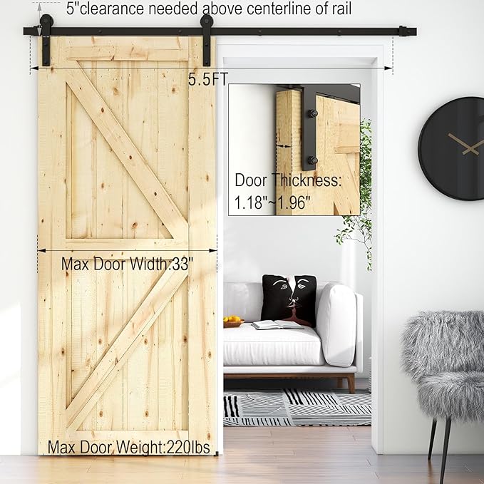 5.5FT Sliding Barn Door Hardware Kit for Single Wood Panel, Smoothly and Quietly, Easy to Install, Fits 33" Wide and 1.18"-1.96" Thickness, Includes Installation Instruction (NO Door)