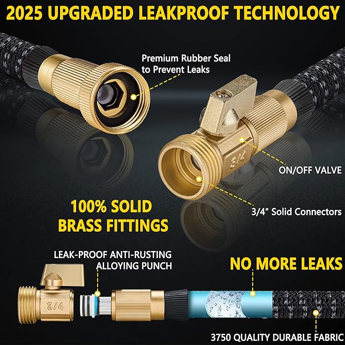 100 ft Expandable Garden Hose - Expanding Water Hose with 10 Spray Nozzles&3/4" Solid Brass Fittings - Retractable,Flexible，Lightweight No-Kink Free&Tangle Car Washing Pipe for Yard,Outdoor