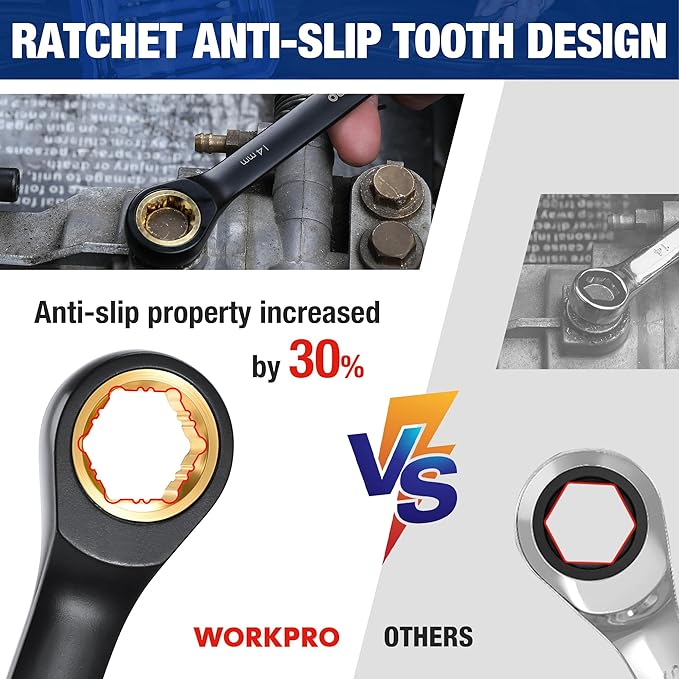 WORKPRO 22-Piece Ratcheting Wrench Set, Anti-slip Teeth, Ratchet Combination Wrench Sets with Organizer Box, Metric 6-18mm & SAE 1/4-3/4", Black Electrophoretic Coating