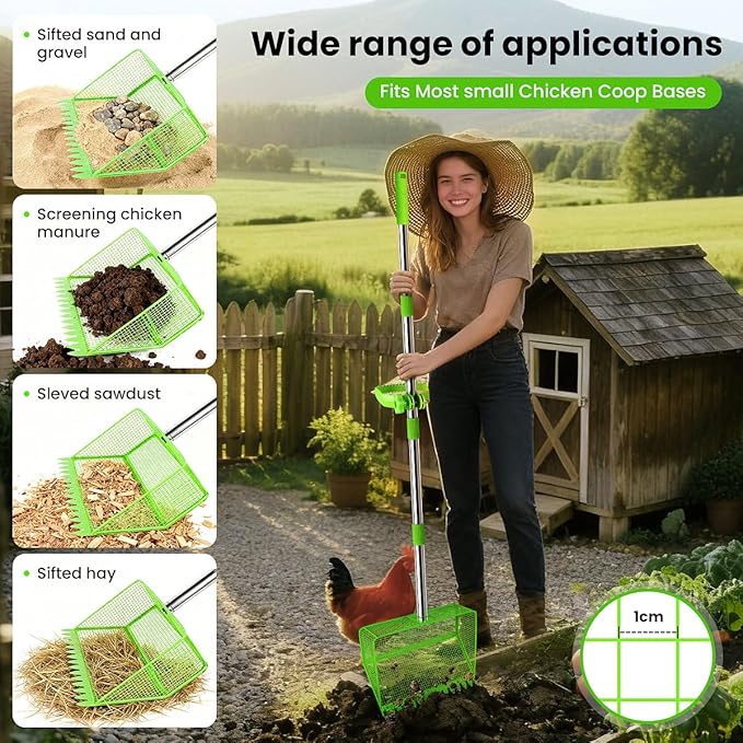 2025 Latest 12inch 2-in-1 Chicken Poop Scooper & Rake with Handle, Heavy-Duty Metal Chicken Coop Scoop for Sand Sifting Shovel Litter Scooper for Farm House Chicken Coop Cleaning Tools Accessories