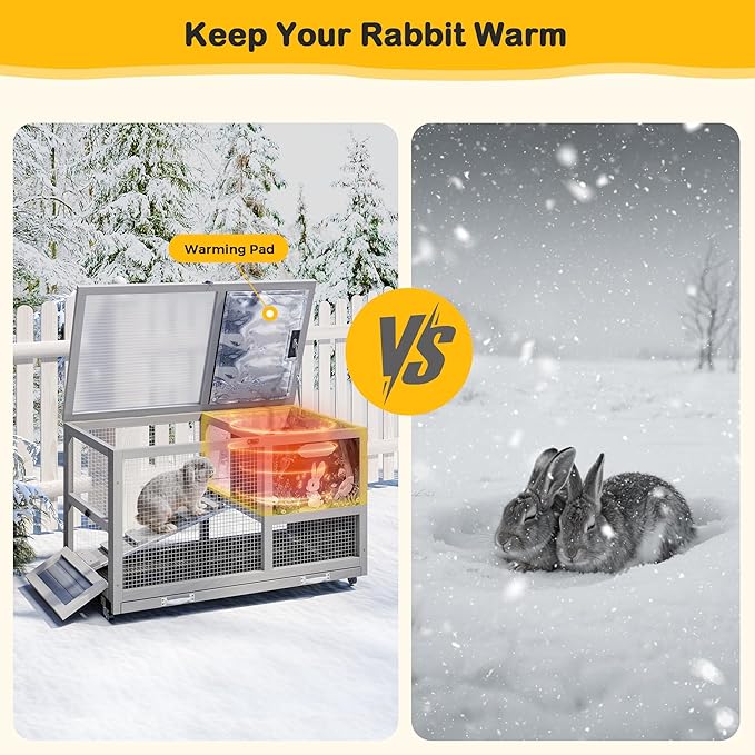 COZIWOW 36.5-Inch Double-Decker Wooden Insulated Rabbit Hutch with Wheels, Heated Rabbit Cage Featuring A Cleaning Tray and Ladder—Stylish&Easy to Assemble（Grey and Warm）