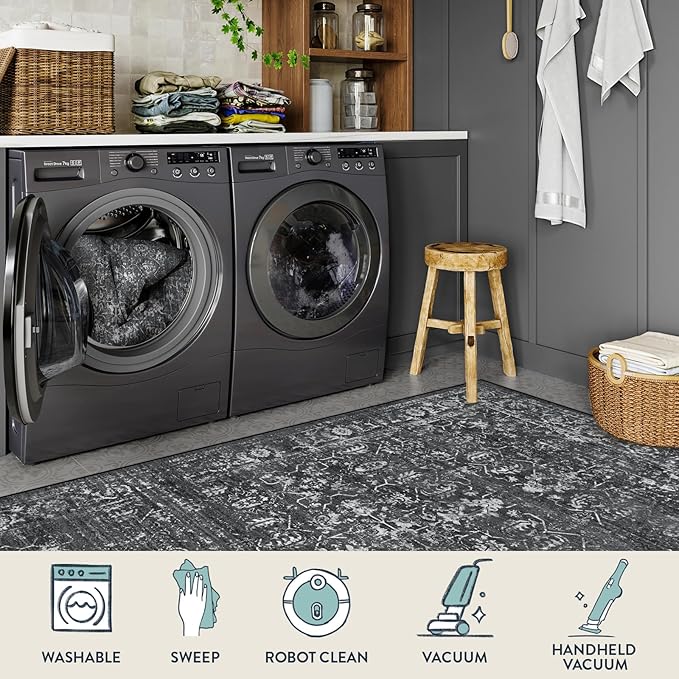 Lahome 6x9 Area Rugs Washable Rugs for Bedroom Large Black Area Rug for Bedroom,Soft Vintage Distressed Rug Non Slip Stain Resistant Indoor Carpet for Dining Decor
