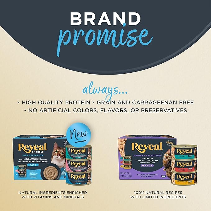 Reveal Natural Wet Canned Cat Food, Limited and Natural Ingredients, Grain Free, High Protein with No Artificial Additives, Ocean Fish in Broth (24 x 2.47 oz Cans)