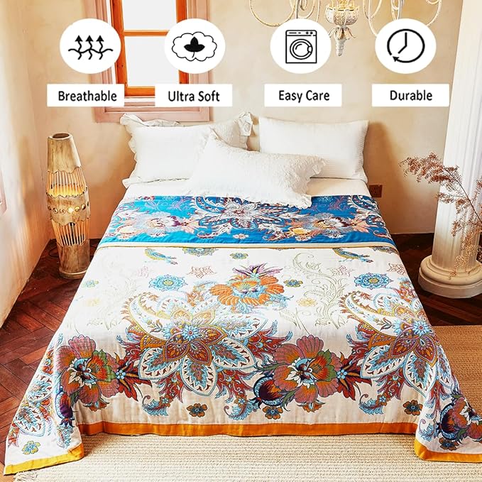 Boho Throw Blanket, 100% Organic Cotton Breathable Skin-Friendly Ultra Soft Bed Quilt Throw - All Season Floral Bird Farmhouse Décor Luxury Blanket for Sofa Couch Chair and Gift. 60" x 80"