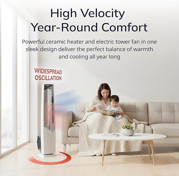 Lasko Oscillating Hybrid Fan and Space Heater for Home, All Season High Velocity Hybrid with Tip-Over Switch, Remote Control, Timer and Thermostat, 37.5 Inches, White, 1500W, FHV820