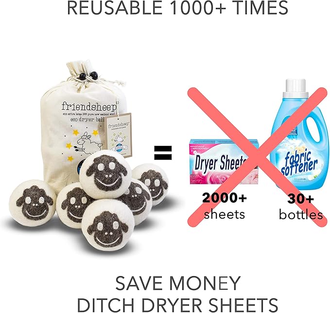 Friendsheep Wool Dryer Balls, Organic Reusable Fabric Softener Alternative for Laundry, Handmade, Fair Trade, Hypoallergenic, Eco-Friendly, Plastic-Free (6 Pack XL – Sheep Flock of Friends)