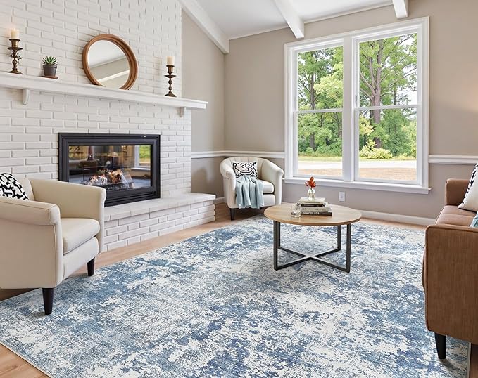10x14 Area Rug Living Room Rugs - Washable Neutral Modern Abstract Soft Thin Rug Indoor Floor No Slip Rug Carpet for Bedroom Under Dining Table Home Office Decor - Blue White