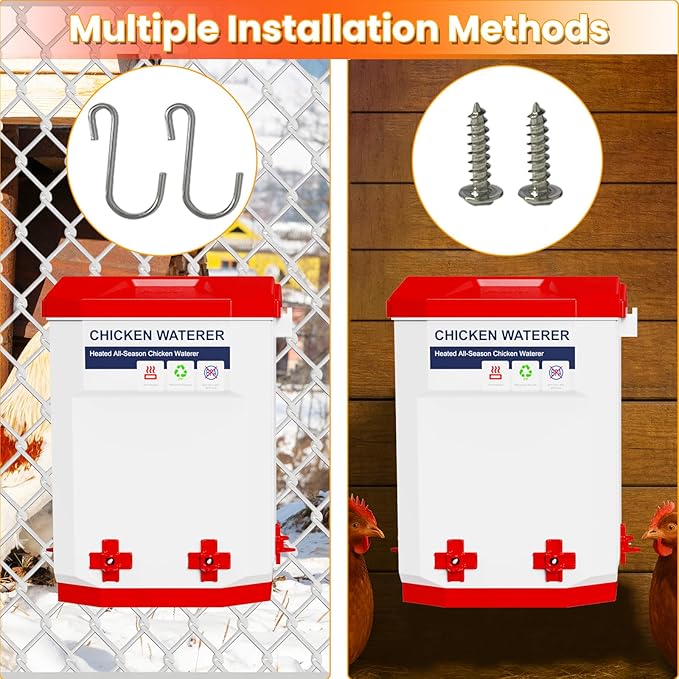 Nexum 2-Gallon Heated Chicken Waterer – All-Season Poultry Drinker with 4 Nipples and Stand, Keeps Clean & Unfrozen, Easy-Fill, Low Maintenance for Chickens, Ducks & Quail (Red, 7L)