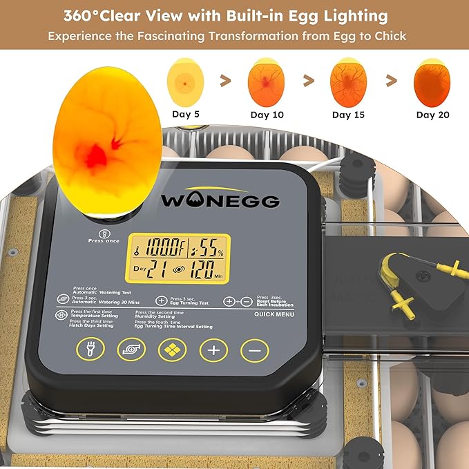 Egg Incubator for Hatching 48 Chicken, Duck, Quail & Goose Eggs – Automatic Egg Turner, Humidity & Temperature Control, Built-in LED Candler, Auto Water Refill, 360° Clear View Digital Poultry Hatcher