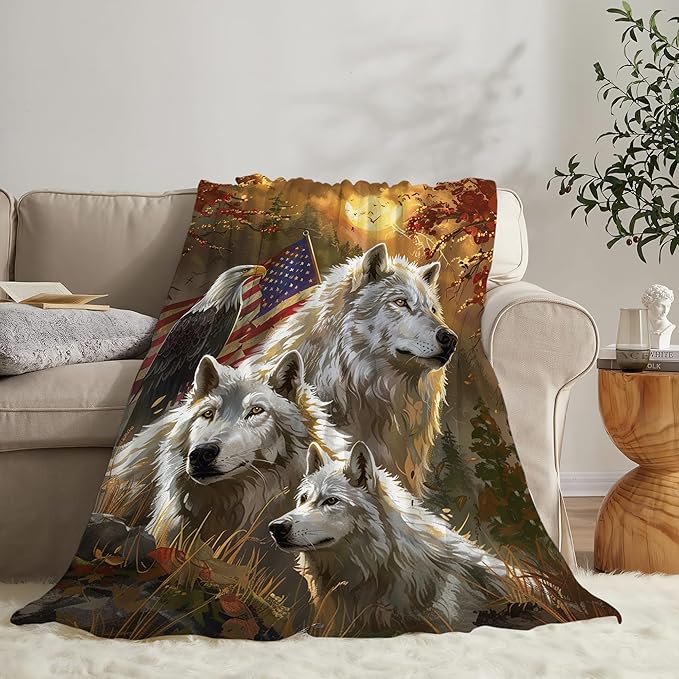 Wolf Eagle Blanket Wolf and Eagle Throw Blanket Wolf Gifts and Decor Eagle Blanket for Women Men Kids Adults Soft Warm Cozy Fleece Blanket for Couch Sofa Bed 60"x50"