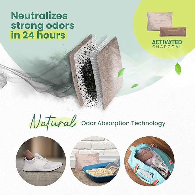 Roonin Activated Charcoal Odor Absorber - Home Shoe Deodorizer Odor Eliminator - Bamboo Charcoal Air Purifying Bag - Activated Charcoal Bags Odor Absorber Packets (6-pack)