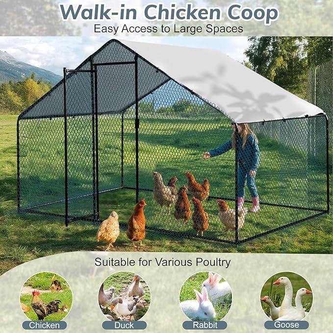 VINGLI Chicken Coop, Large Metal Poultry Cage for Chicken Run, Walk-in Chicken Pen with Waterproof & Anti-UV Cover Outdoor (Black-Spire Roof, 6.5 * 9.8 * 6.5 ft)
