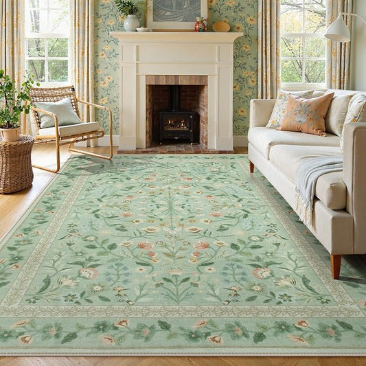 Lahome Floral 9 x 12 Area Rugs for Living Room, Green Non-Slip Untra-Thin Washable Dining Room Rug, Vintage Botanical Print Low-Pile Soft Carpet for Bedroom Office, Sage