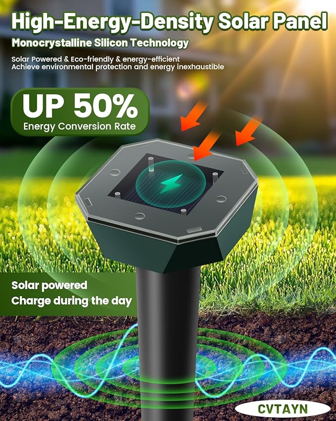 Snake & Mole & Rabbit & Skunk Repellent Solar Powered, Upgraded Ultrasonic Deterrent, IP65 Waterproof, Gopher Groundhog Chipmunk Raccoon and Vole Repellent & Deterrent for Lawn & Garden, 4 Pack