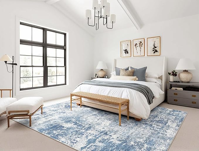 5x8 Area Rug Living Room Rugs - Washable Neutral Modern Abstract Soft Thin Rug Indoor Floor No Slip Rug Carpet for Bedroom Under Dining Table Home Office Decor - Blue White