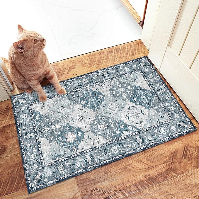 Washable Boho Vintage Area Rugs 2×3 Non-Slip Traditional Blue Area Rug Doormat for Bathroom Kitchen Entryway