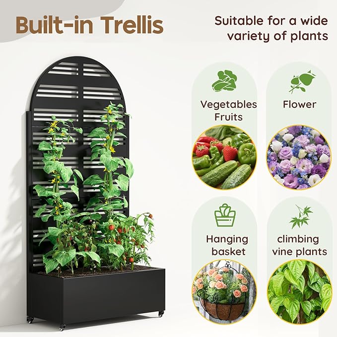 Metal Planter with Trellis& Wheels 72" x 35"x 15.7" Raised Garden Bed with Trellis,Privacy Planters for Patio,Garden Bed for Climbing Plants,Suitable for Climbing Plants and Vegetables,Black