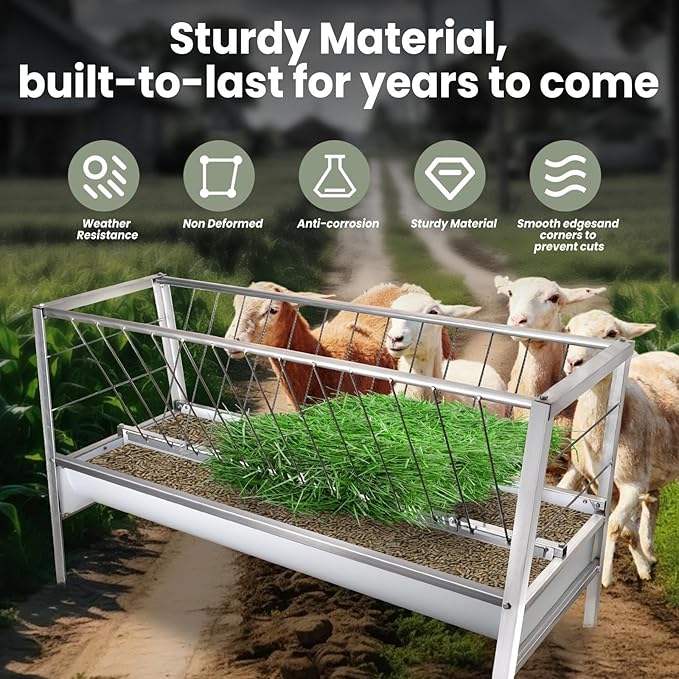 2-in-1 Goat Hay Feeder, Galvanized Steel Livestock Hay Feeder with 30 Gallon Feeding Pan, Detachabe Hay Rack for Sheep, Cow & Horse, Easy to Assemble, Silver