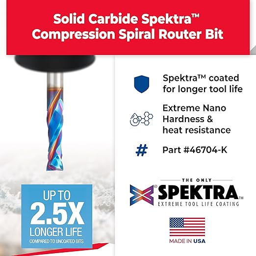 Amana Tool Spektra Extreme Tool Life Coated Solid Carbide CNC Compression Spiral Router Bit, 46704-K, 3/8 D x 1-1/4 CH x 3/8 Shank x 3 Inch Long 2 Flute