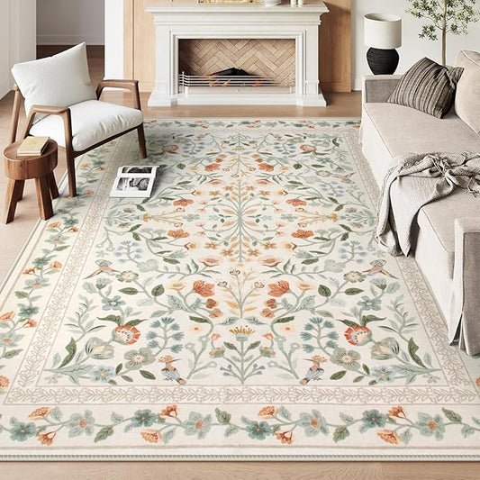 Lahome Floral Washable Area Rugs 8x10, Non-Slip Living Room Carpet Soft Tumble Washable Rugs for Bedroom Nursery, Vintage Botanical Print Carpet for Classroom Kids Room Dining Room, Beige