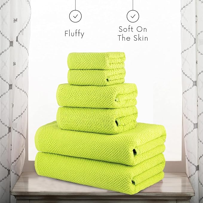 CASA COPENHAGEN Popcorn Textured 6 Pieces Towel Set- Neon Green, 550 GSM 2 Bath Towel 2 Hand Towel 2 Washcloth, Rough & Tough Use Cotton Towels Gift Set for Bathroom
