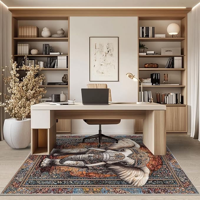6x9 Elephant Area Rugs Boho Elephant Rug for Living Room Indoor Soft Non-Slip Thin Large Carpet Vintage Rugs for Bedroom Home Decor Under Table Washable Machine