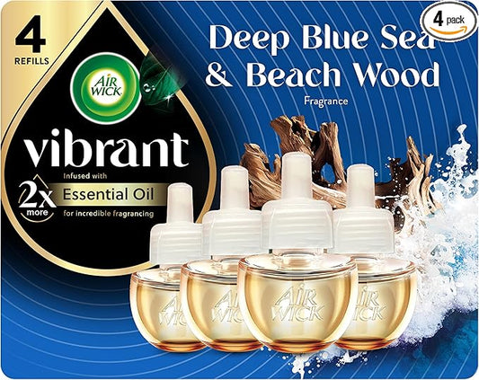 Air Wick Vibrant Scented Oils Plug In Scented Oil Refill, Infused with Essential Oils, Plug In Air Fresheners for Home, Blue Sea & Beach Wood, 4 ct