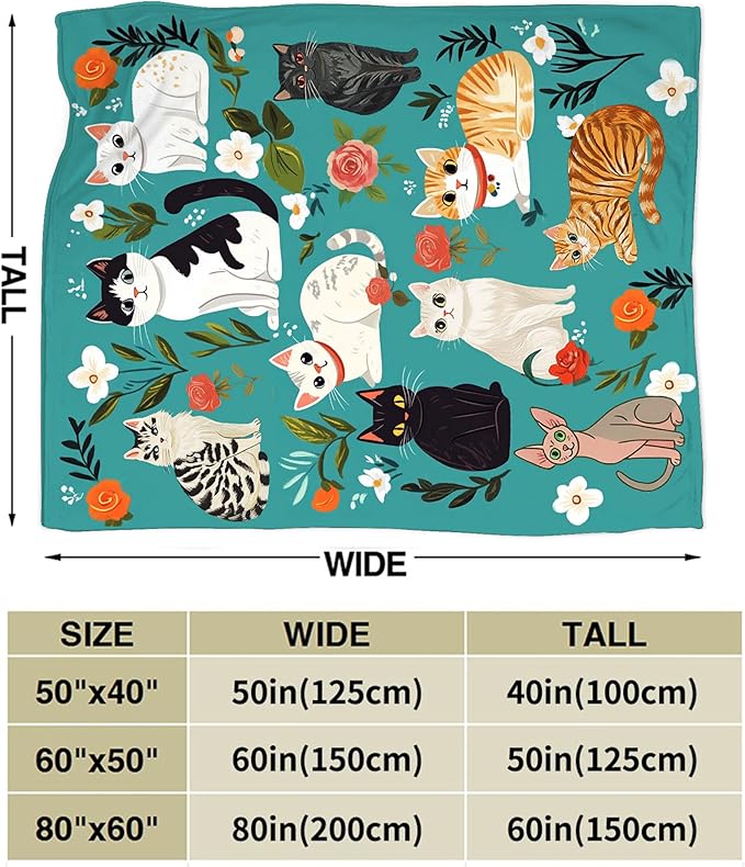 Cat Blanket, Cats Throw Blanket, Floral Gifts Blankets Stuff Fleece Flannel Plush for Girls Women Men Boys Lovers Adults Soft Bedding Gift for Sofa Bed Office Home Decor 60"x50"