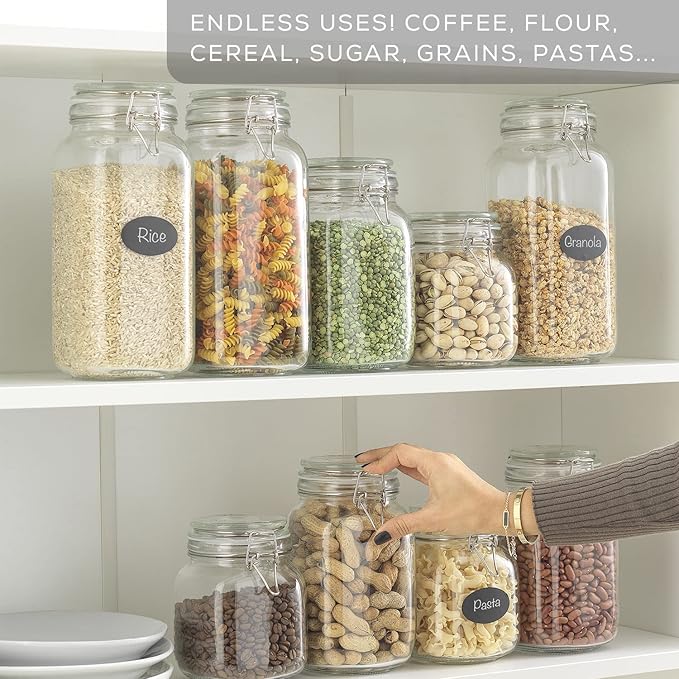 JoyJolt Airtight Glass Jars with Lids Set of 3. 78oz Glass Jar with Lid and 6 Silicone Seals! Large Glass Food Storage Containers. Square Mason Jar for Candy, Flour, Pasta Containers for Pantry