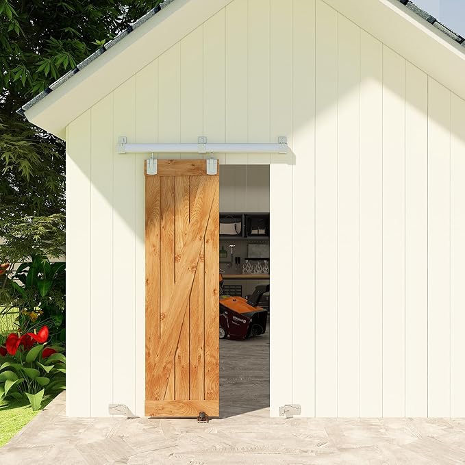 JUBEST 4FT Box Rail Exterior Barn Door Hardware Kit, Heavy-Duty Silver Sliding Barn Door Track System, Wall Mount Door Hardware Kits (Door Not Included)