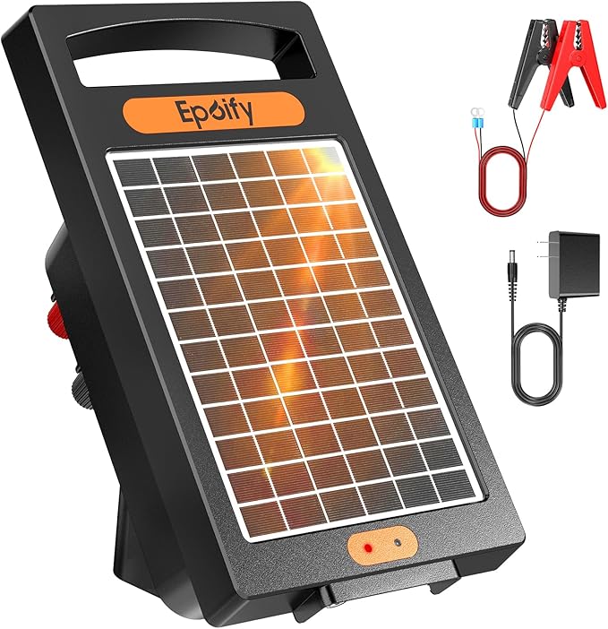24 Hour Solar Electric Fence Charger, 10 Miles, Up to 10200v Output Range Electric Fence Charger, 0.18J Portable Energizer with Rechargeable Solar Panel for Livestock & Predator Protection