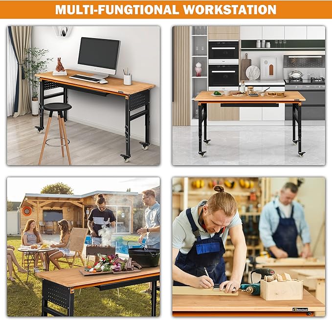 Betterhood 60" Adjustable Workbench for Garage, Rubber Wood Shop Table W/Wheels & Double Pegboards & Drawer, 2000 LBS Load Capacity Hardwood Worktable for Workshop, Garage, Office, Home, Commercial