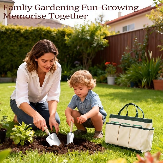 10-Piece Heavy-Duty Gardening Tools Set with Tote Bag - Rust-Proof Aluminum Gardening Hand Tools with Non-Slip Ergonomic Wood Handle - Gardening Supplies Set Ideal Gift for Men & Women