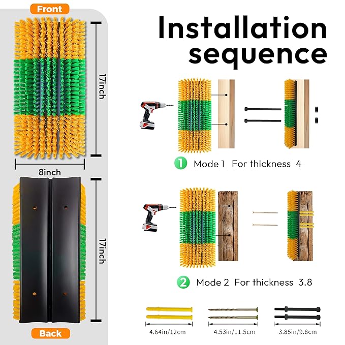 Livestock Scratching Brush — Cattle Horse Goat Pig Sheep Grooming Post with 4 Screws, Weather-Resistant Single Brush for Barn Fence Mount