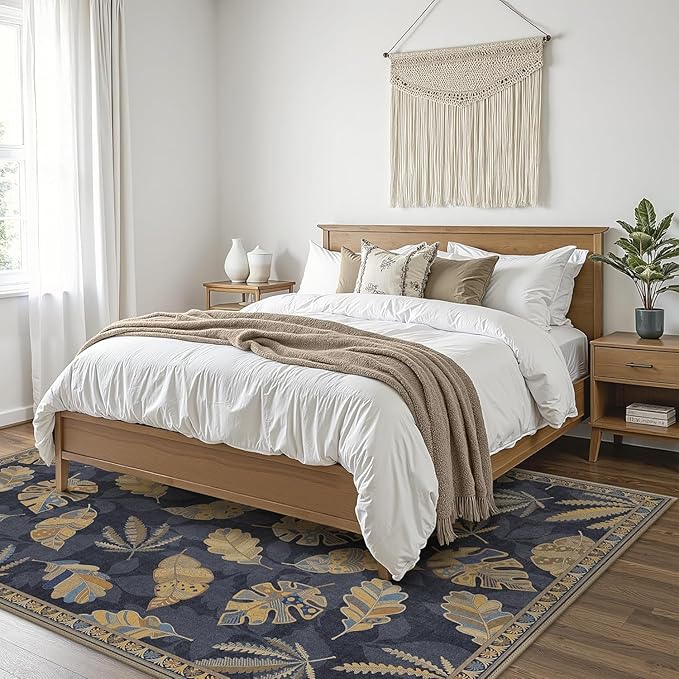 GENIMO 5x7 Area Rugs for Living Room, Machine Washable Non Slip Rugs, Low Pile Lightweight Print Rug for Bedroom, Dining Room, Home Office, Leafy Twilight