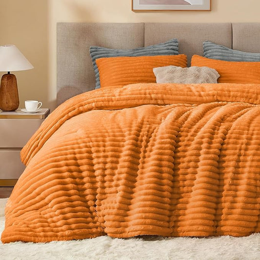 BEDELITE Fleece Full Comforter Set -Super Soft & Warm Fluffy Burnt Orange Bedding, Luxury Fuzzy Heavy Bed Set for Winter with 2 Pillow Cases