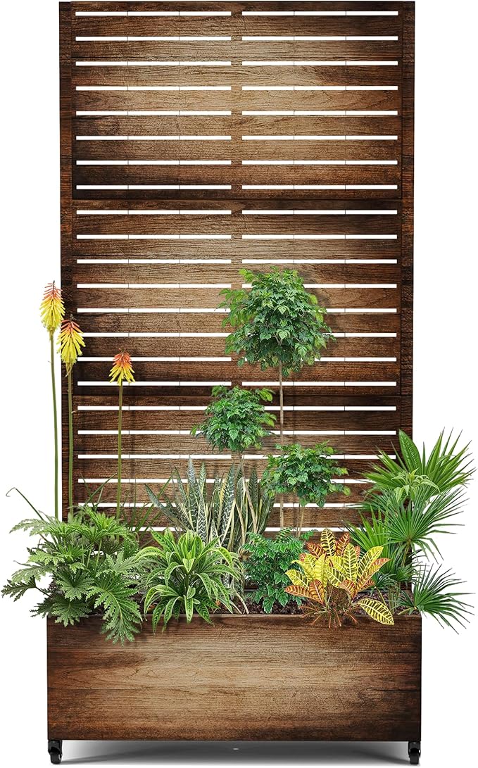 15.7"×70.9"×35.4" Metal Raised Garden Bed with Trellis and Wheels - Tall Trellis Planter Box for Climbing Plants, Vegetables & Vines - Outdoor Privacy Planters for Patio (Vintage Wood Grain)