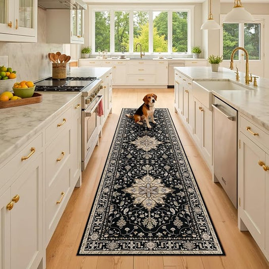Area Rugs 2'6''x8' Washable Non-Slip, Floral Vintage Distress Print Pattern Medallion Carpet for Living Room Bedroom Dining Room, Black Brown Neutral Dark Tan