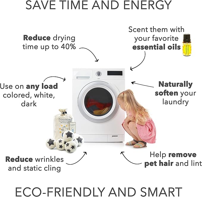 Friendsheep Wool Dryer Balls, Organic Reusable Fabric Softener Alternative for Laundry, Handmade, Fair Trade, Hypoallergenic, Eco-Friendly, Plastic-Free (6 Pack XL – Stars Galore)