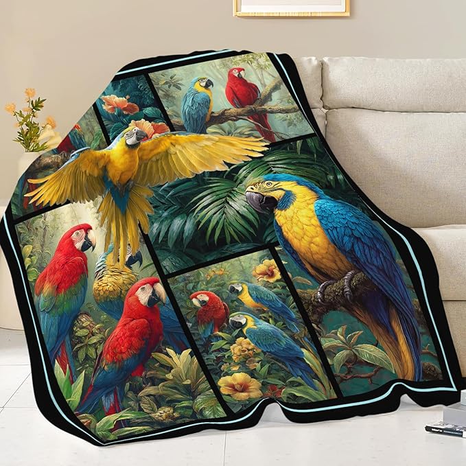 Parrot Blanket Gifts for Girls Women Boys Tropical Birds Throw Blankets Cozy Plush Fleece Botanical Flannel Fuzzy for Couch Decor 80"X60"