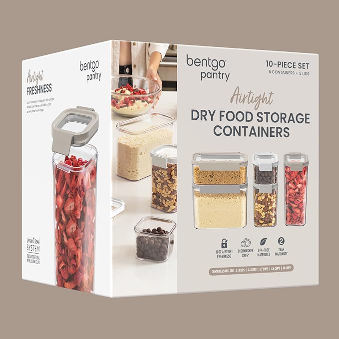 Bentgo Pantry - 10-Piece Airtight Food Storage Containers, Clear, Stackable Kitchen & Pantry Organization, Locking Lids for Freshness, BPA-Free Plastic - Ideal for Sugar, Flour, & More (White Stone)