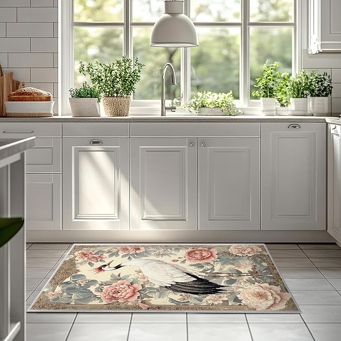2x3 Crane Area Rugs Boho Japanese Crane Floral Rug for Bathroom Kitchen Entryway Indoor Soft Non-Slip Thin Hippie Carpet Small Beige Doormat for Office Dining Room Under Table Washable Machine